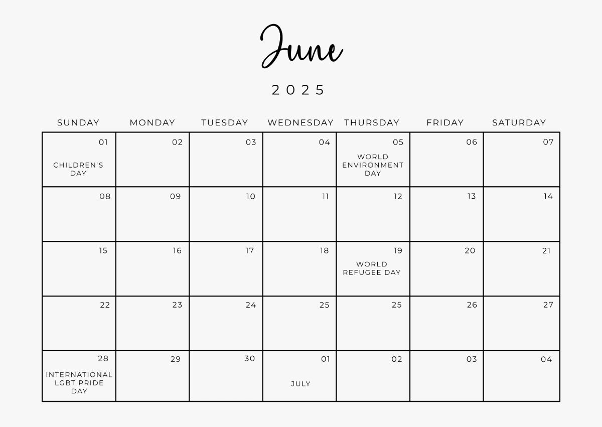 Free Editable June 2025 Horizontal Calendar Template to Edit Online