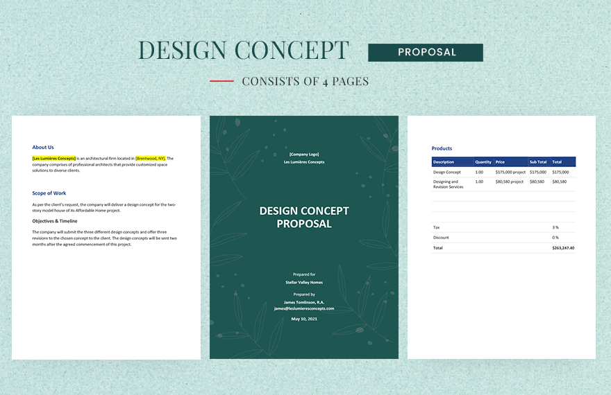 Design Concept Proposal Template in Word, Google Docs, Apple Pages