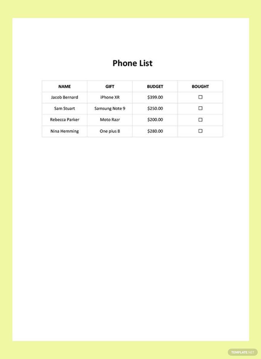 Phone List Template Google Docs, Word