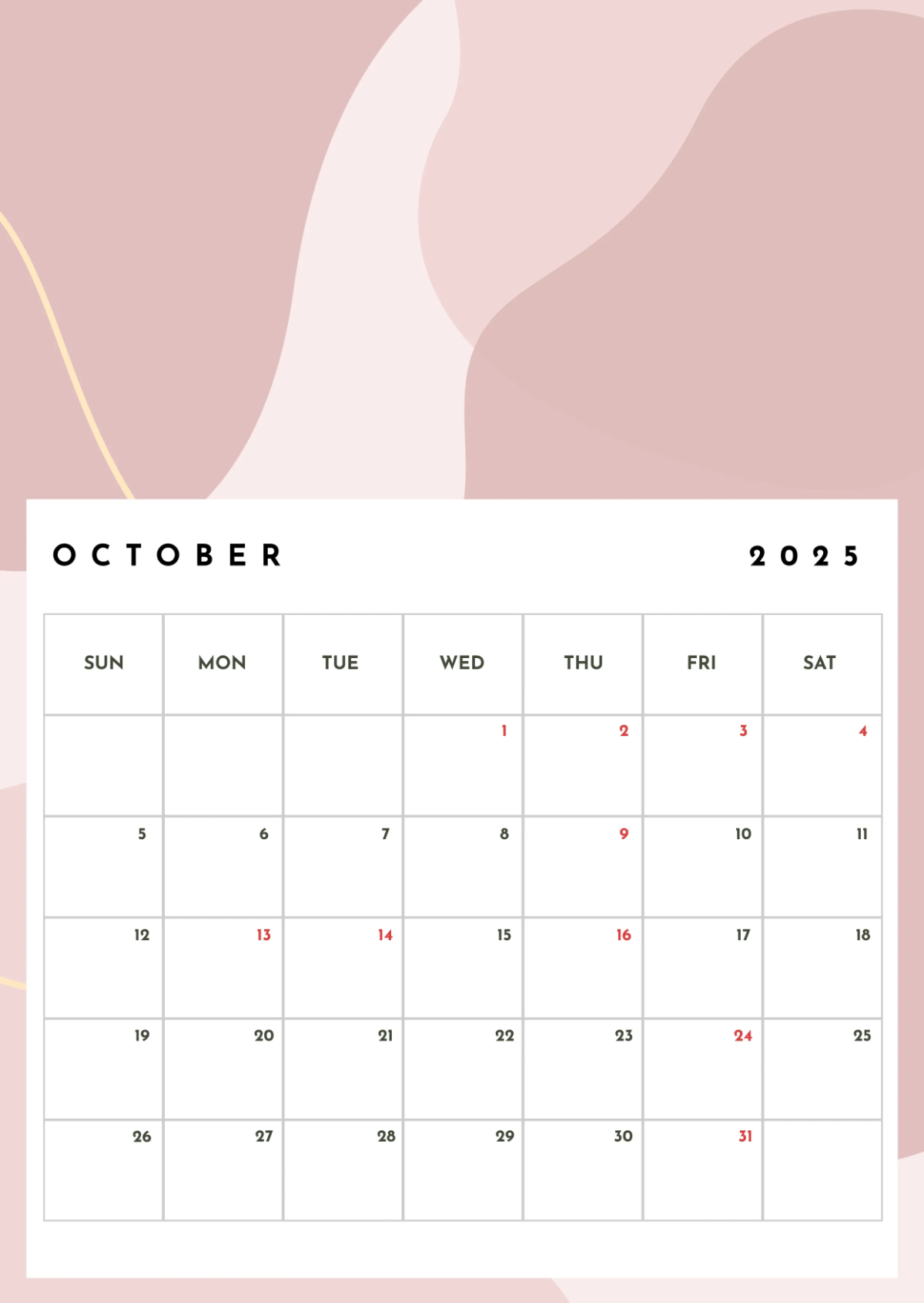 Free October 2025 Calendar Template to Edit Online