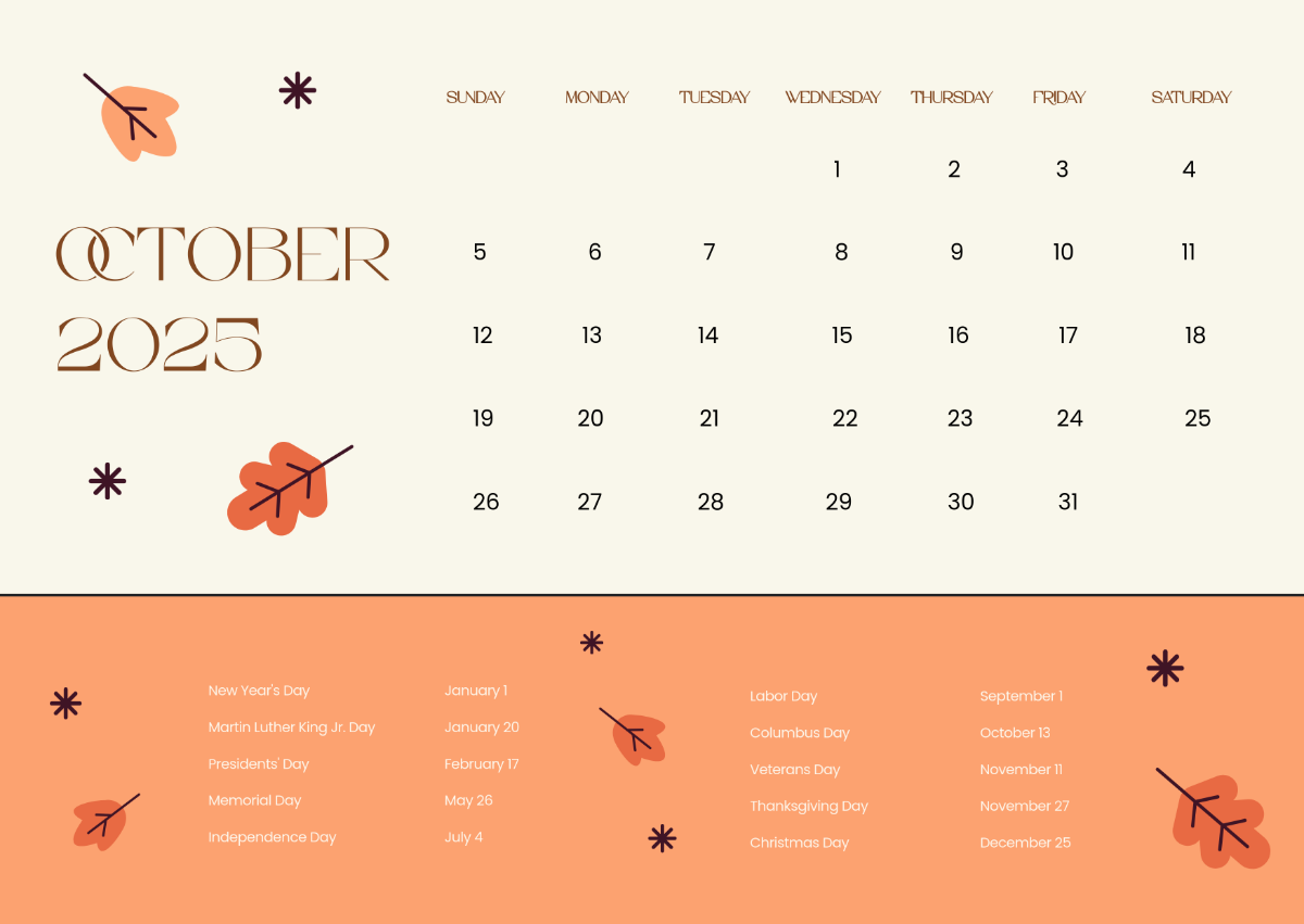 Free October 2025 Calendar with US Holidays Template to Edit Online