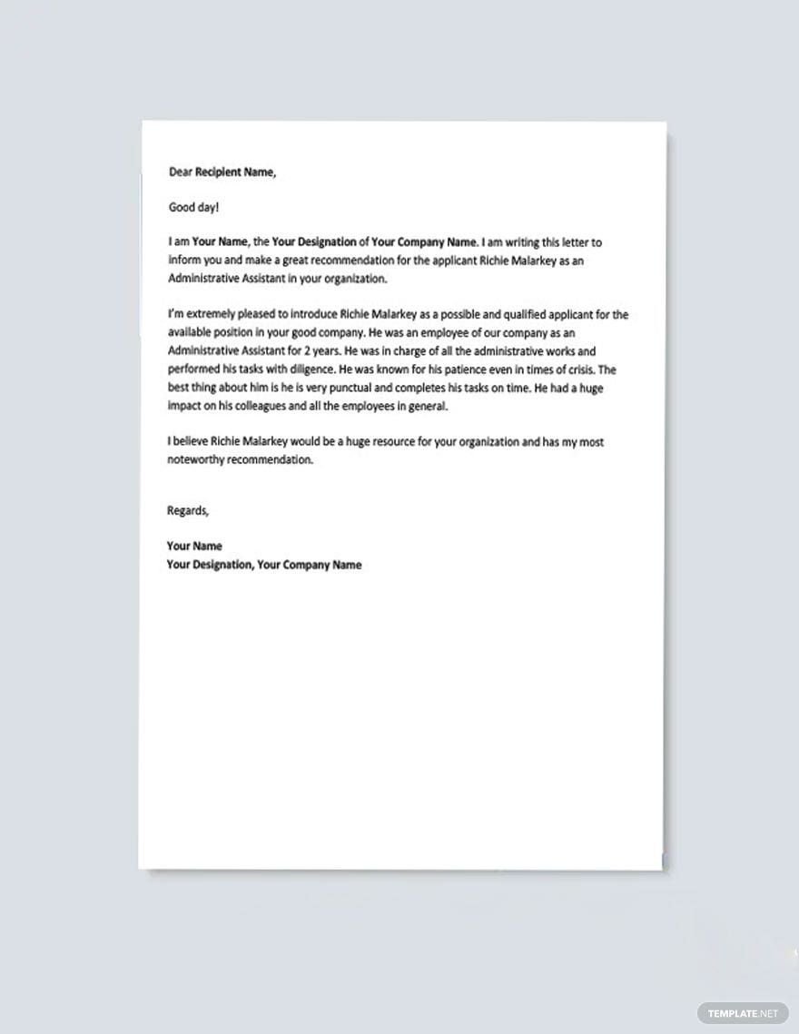 Administrative Assistant Recommendation Letter Template