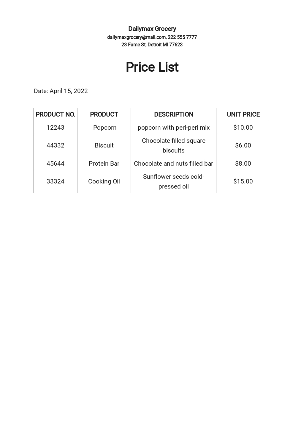 Price List Template Google Docs