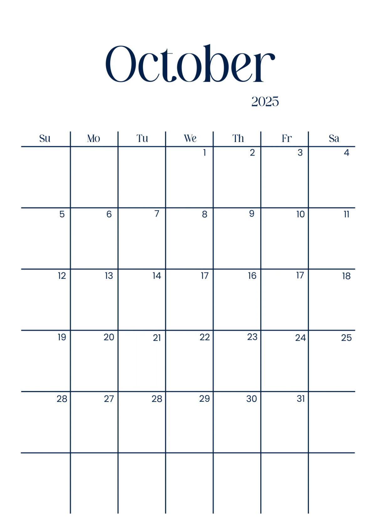 Free October 2025 Monthly Calendar Template to Edit Online