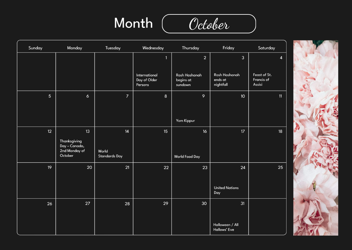 Free October 2025 Horizontal Calendar Template to Edit Online