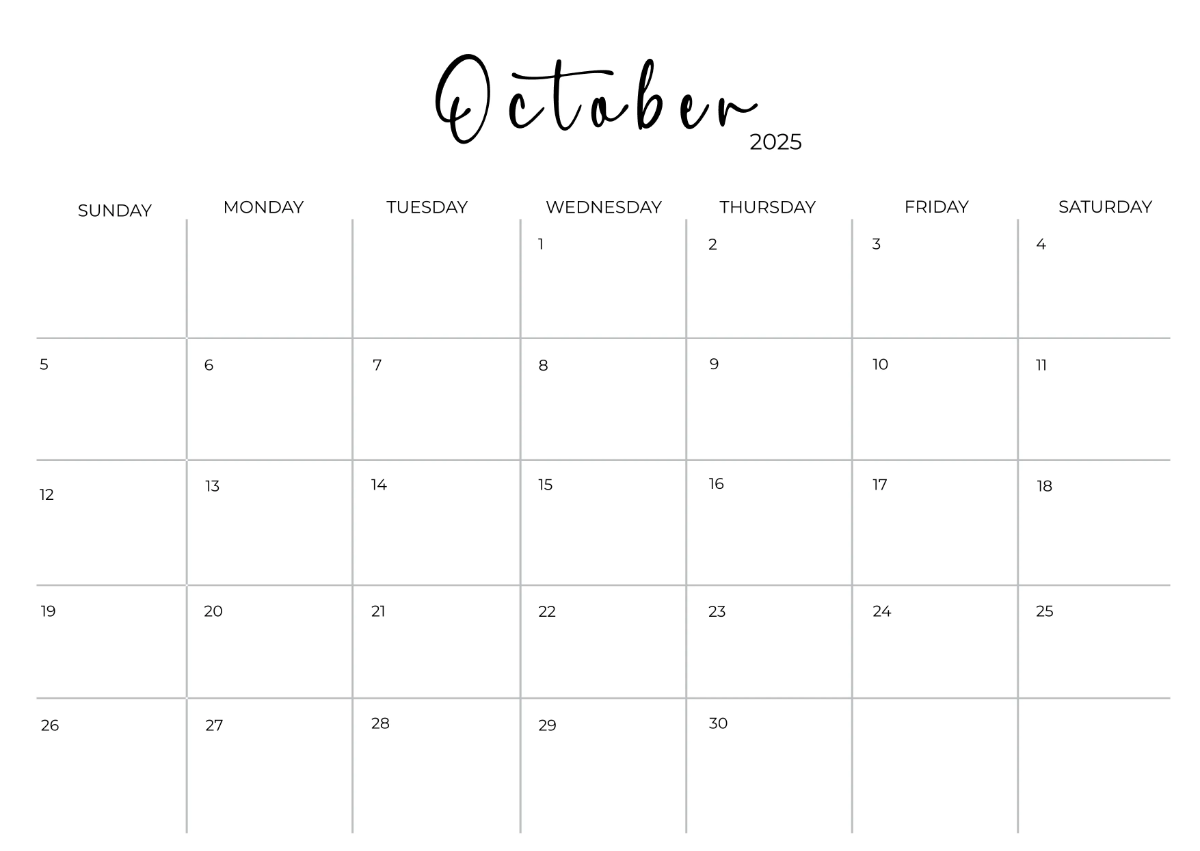 Free Printable October 2025 Horizontal Calendar Template to Edit Online