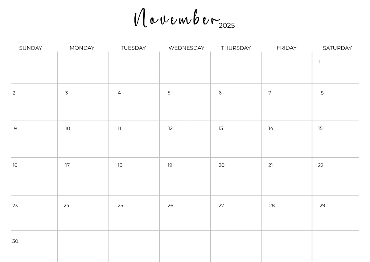 Free Printable November 2025 Horizontal Calendar Template to Edit Online