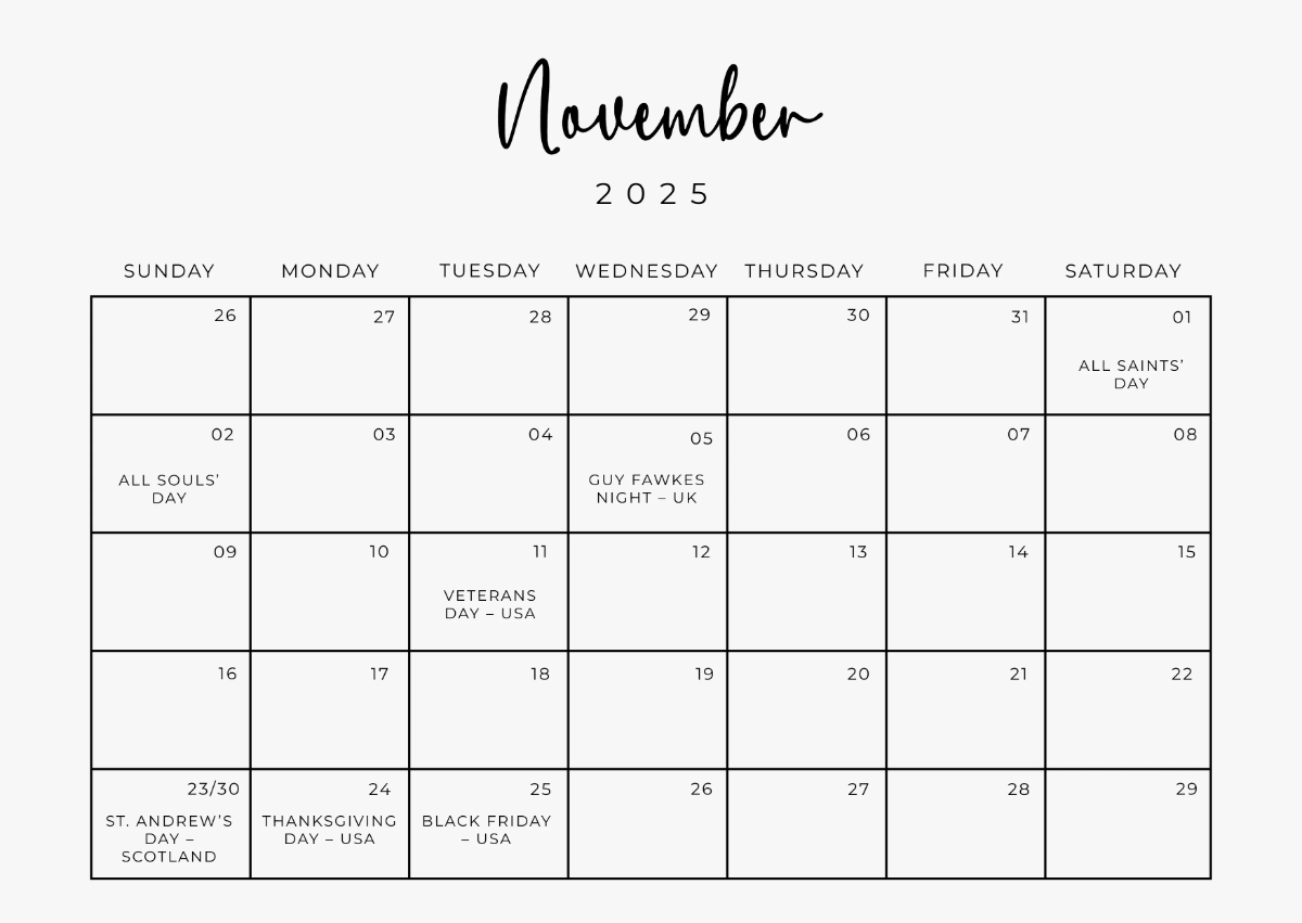 Free November 2025 Weekly Calendar Template to Edit Online