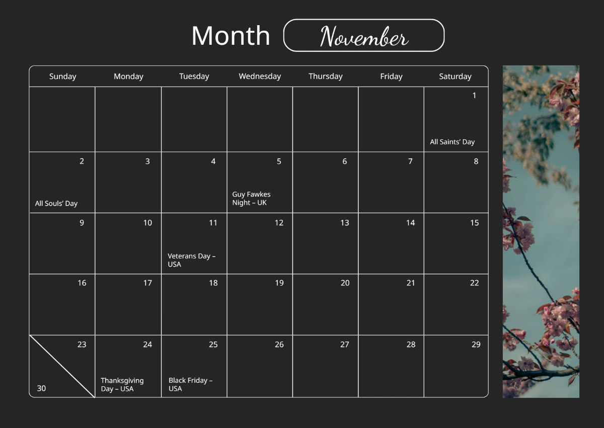 Free November 2025 Horizontal Calendar Template to Edit Online
