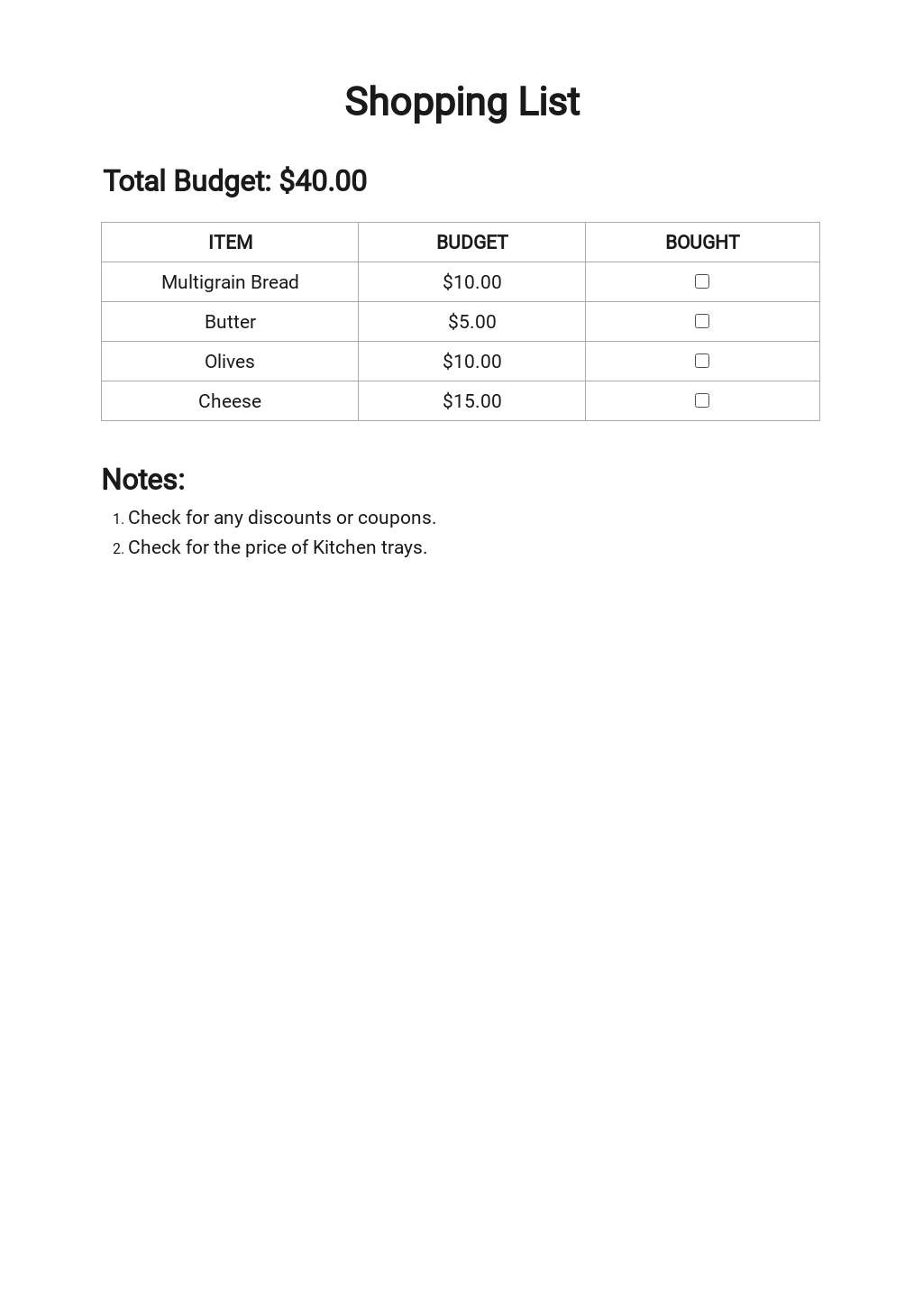 Google Docs Grocery List Template