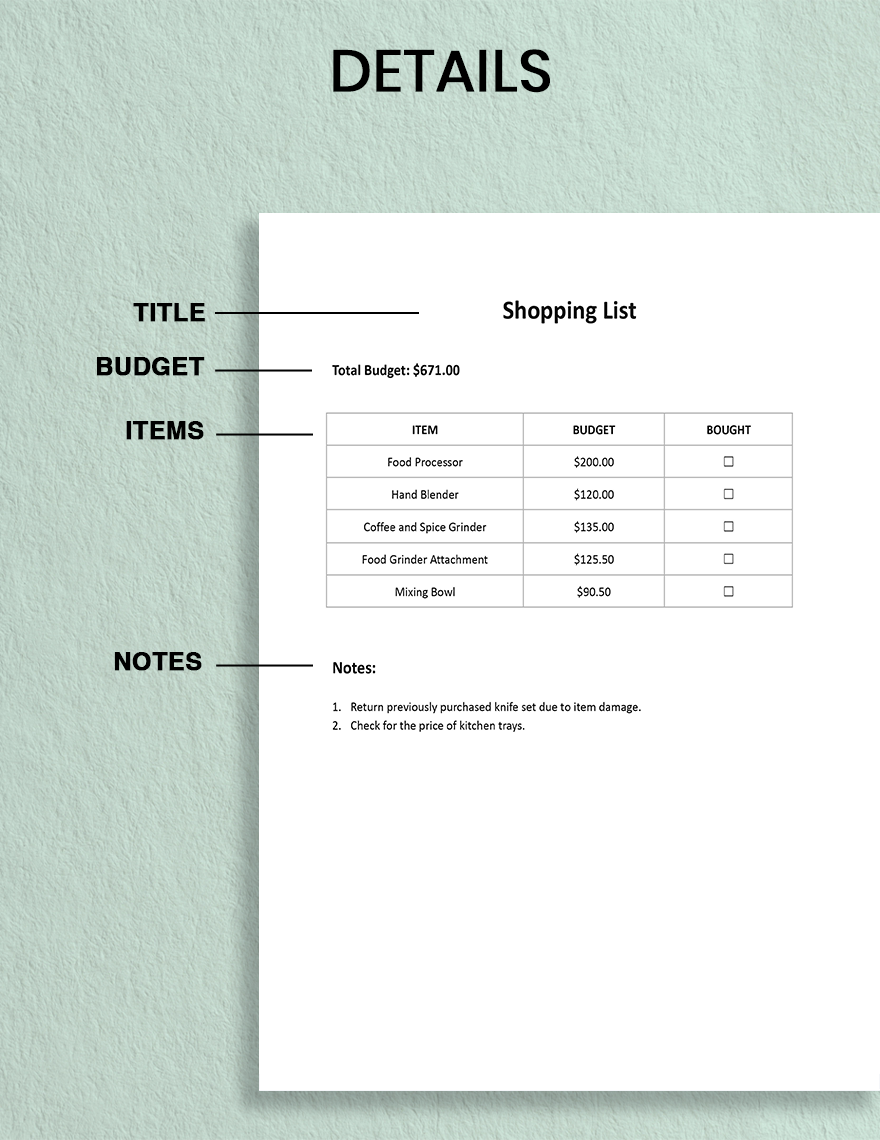 Shopping List Template Google Docs, Word