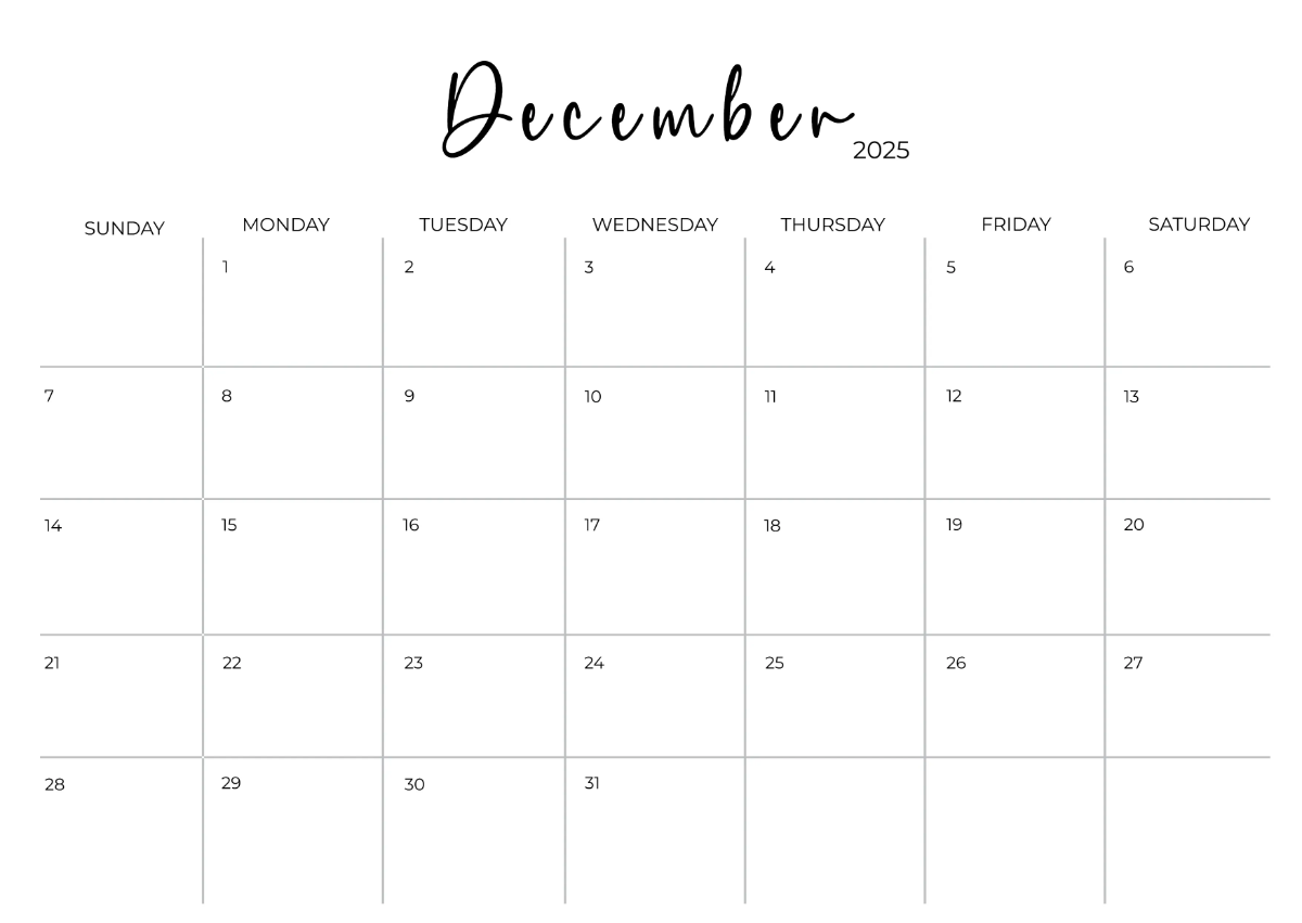 Free December 2025 Weekly Calendar Template to Edit Online