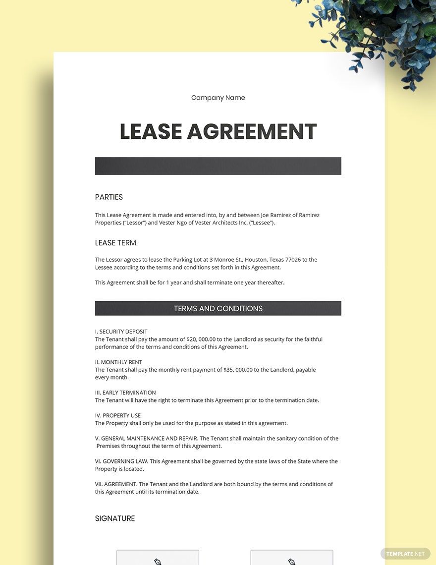Lease Agreement Sample Template
