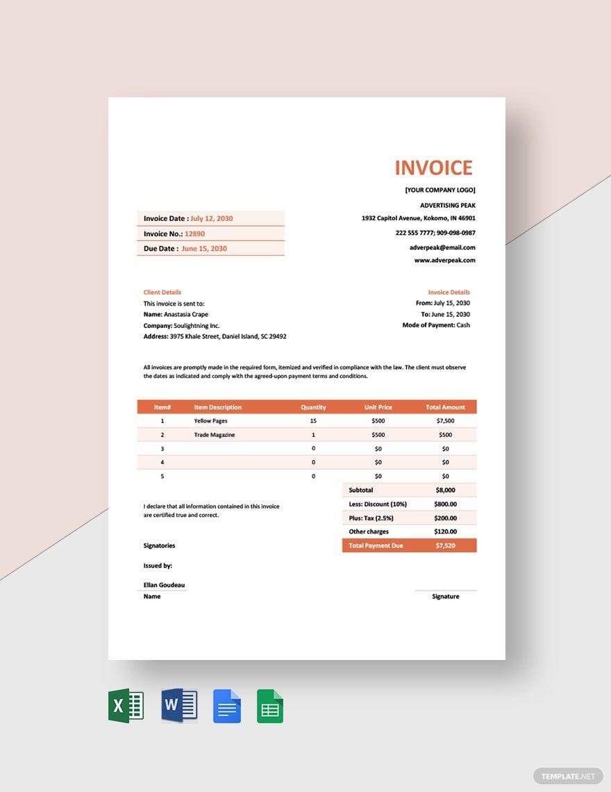 Advertising Company Invoice Template in Excel, Word, Google Sheets, Google Docs, Pages - Download | Template.net