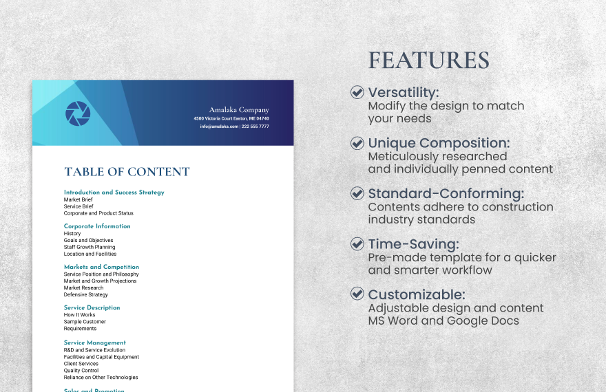 Business Plan Table of Contents Template