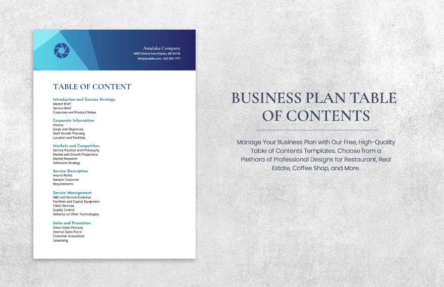 Business Plan Table of Contents Template in Word, Google Docs, PDF