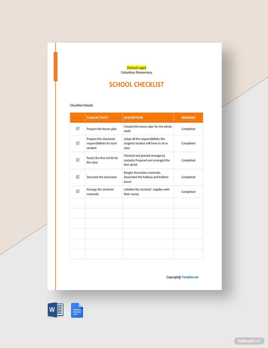 Sample School Checklist Template
