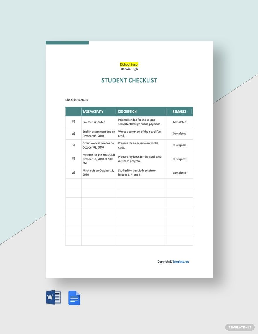 Sample Student Checklist Template