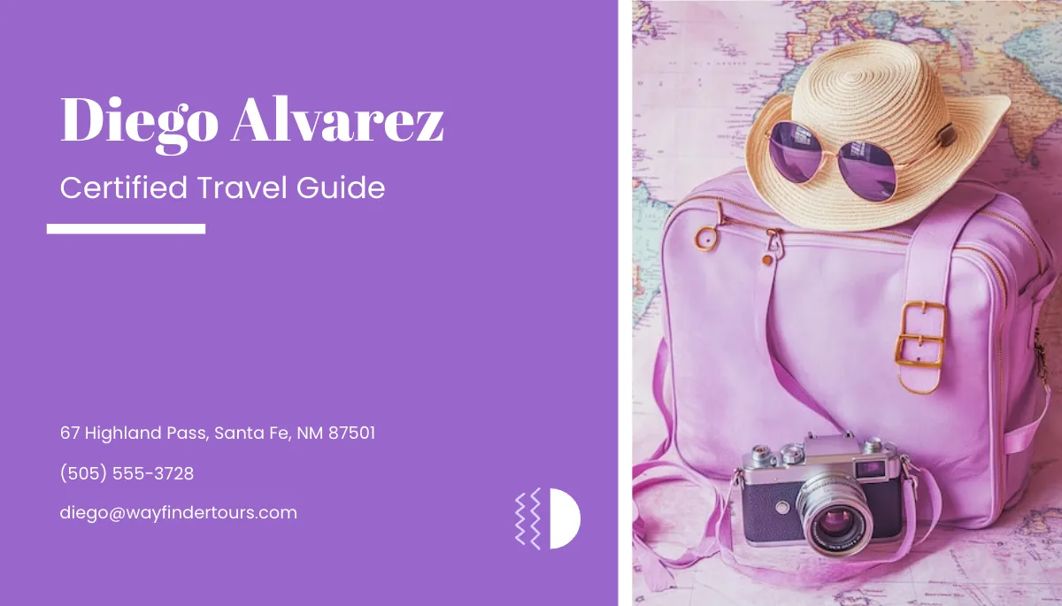 Free Purple Travel Guide Business Card Template to Edit Online