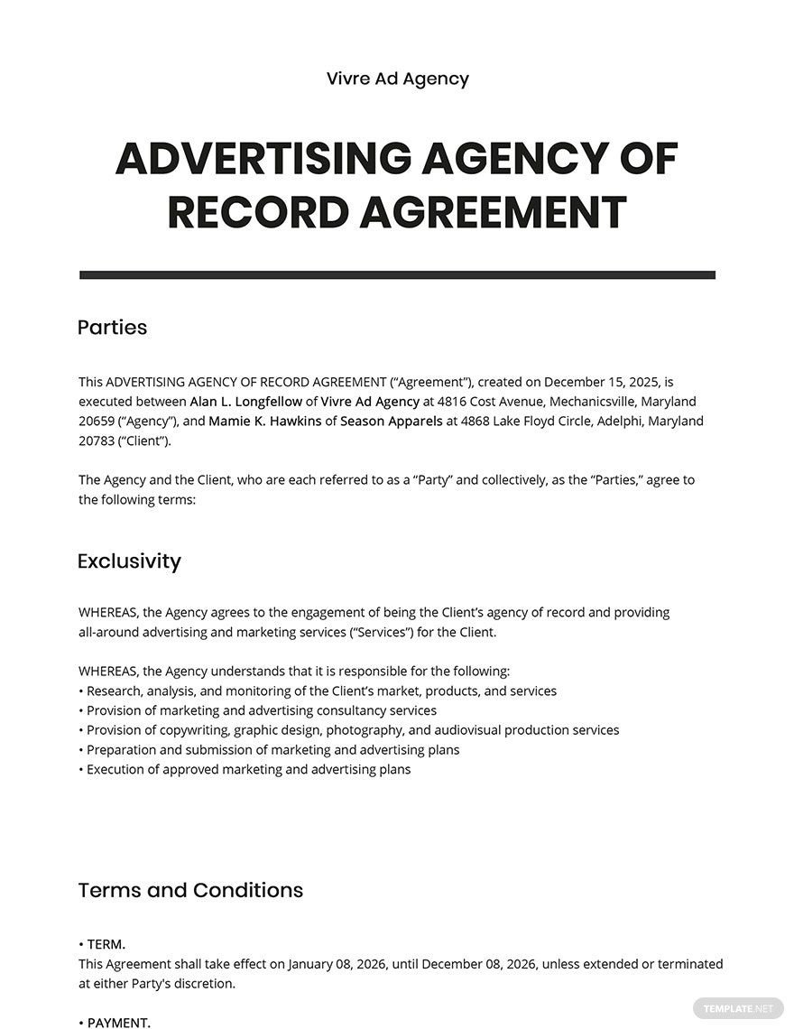 Advertising Agency of Record Agreement Template Google Docs, Word
