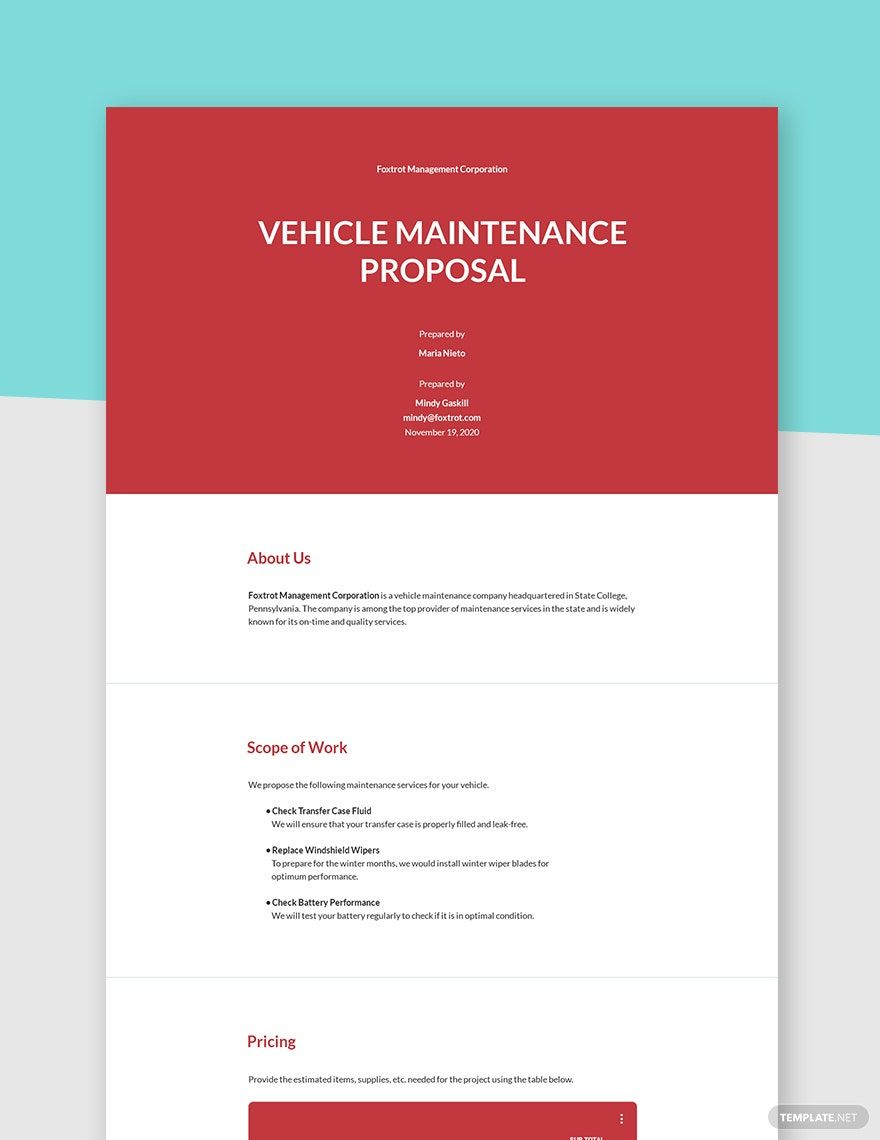 Vehicle Maintenance Proposal Template Google Docs, Word, Apple Pages