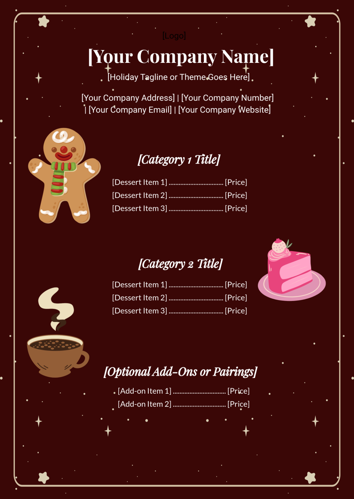 Free Blank Holiday Dessert Menu Template