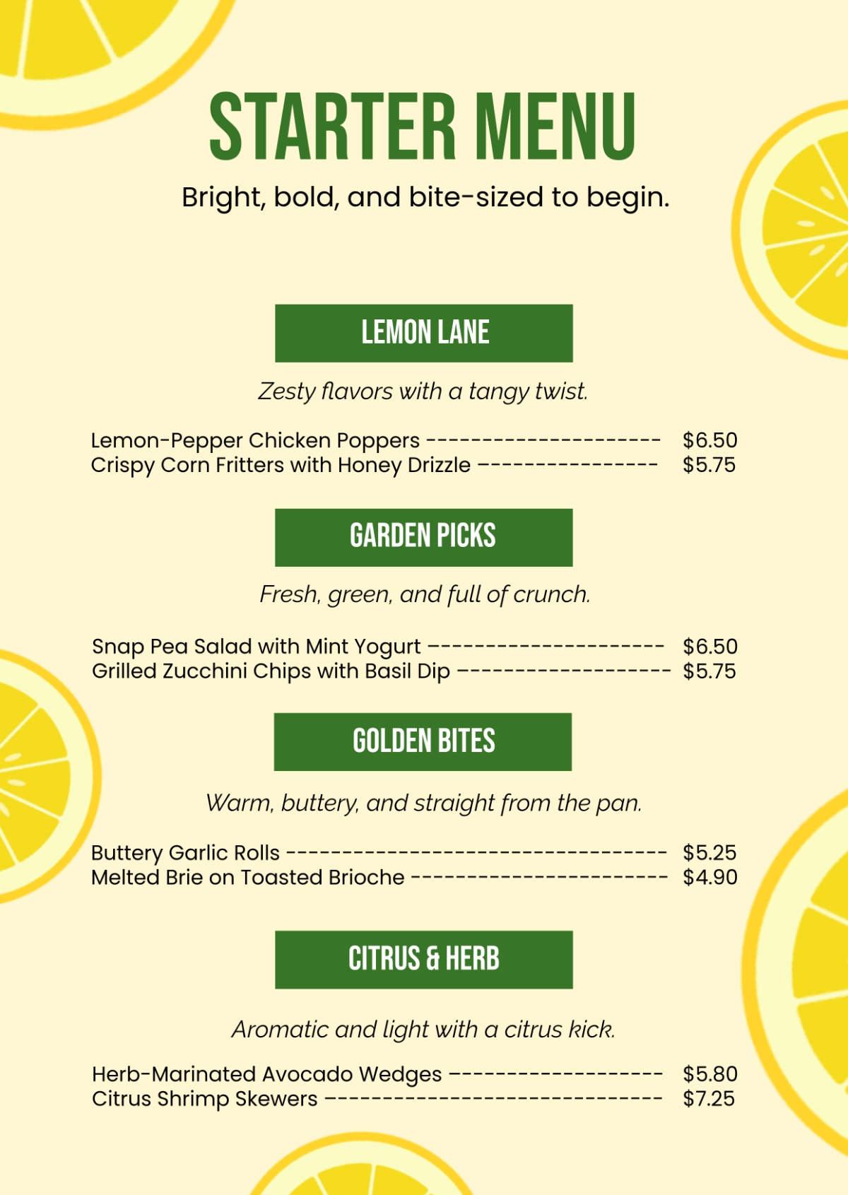 Green and Yellow Appetizer Starter Menu Template