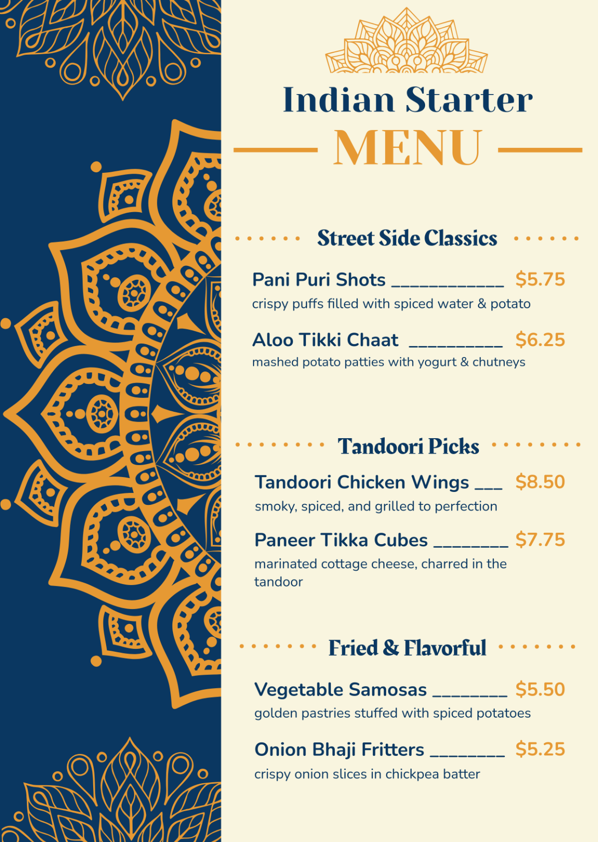 Free Black Indian Starter Menu Template to Edit Online