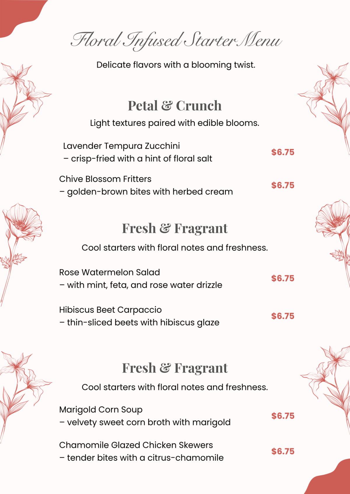 Free Floral Starter Menu Template to Edit Online