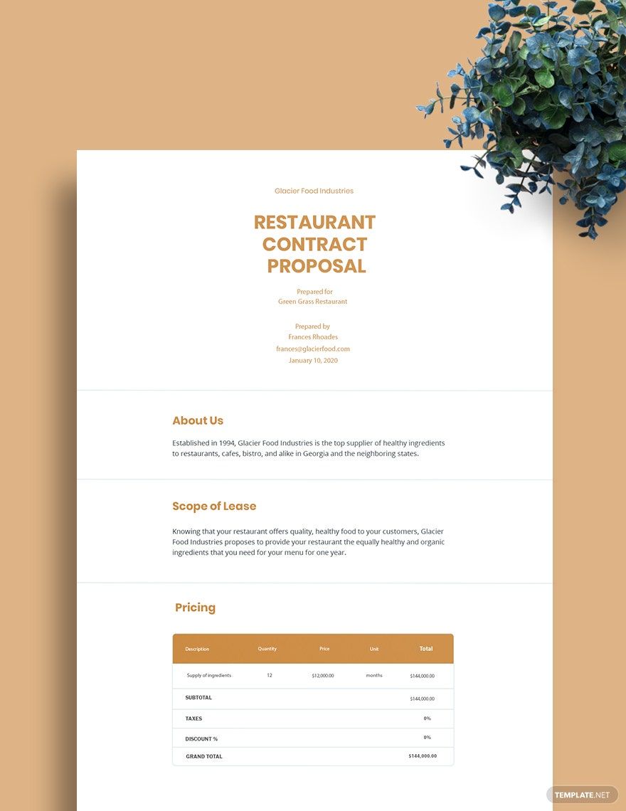 Restaurant Contract Proposal Template - Google Docs, Word, Apple Pages ...