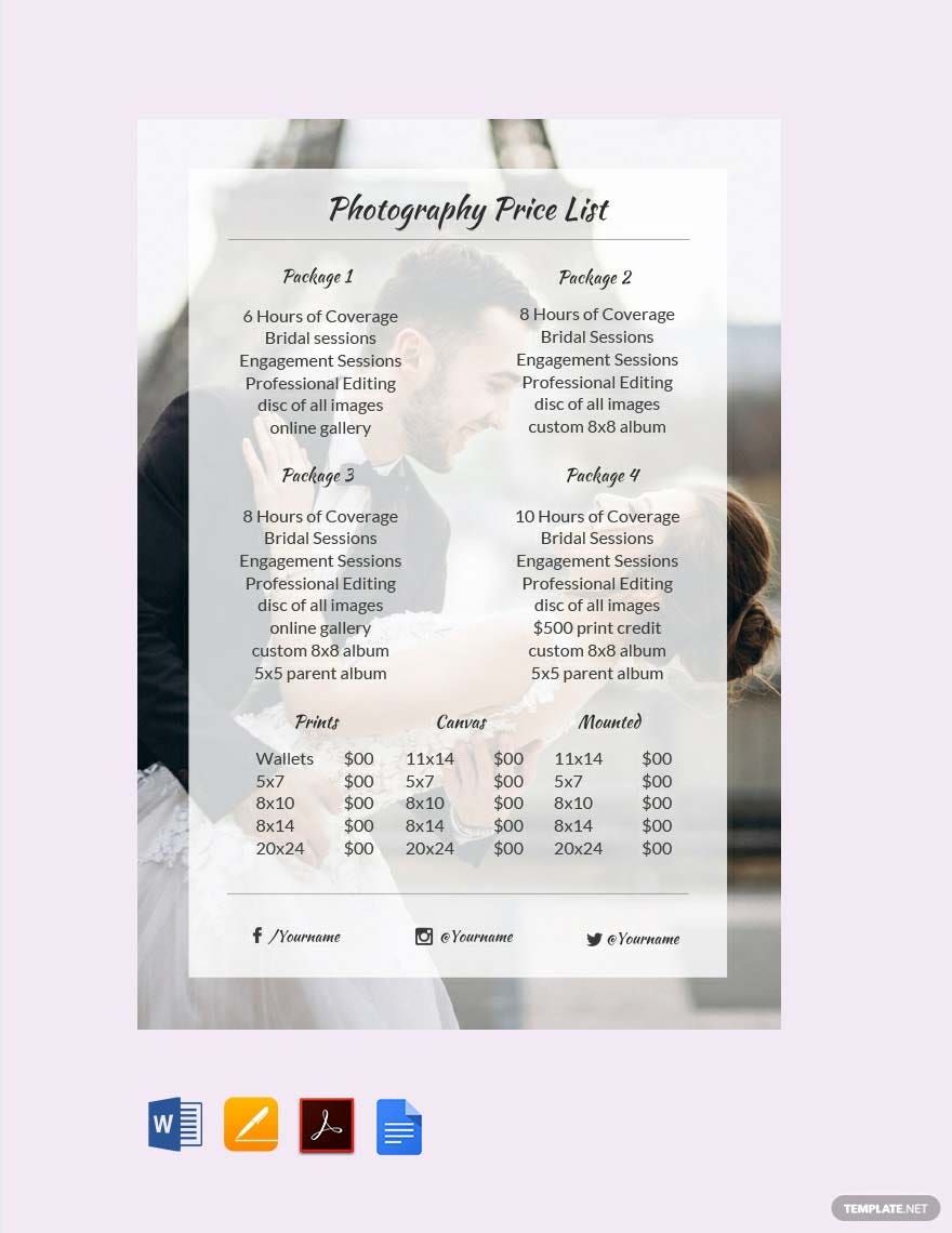 Photography Price List Template
