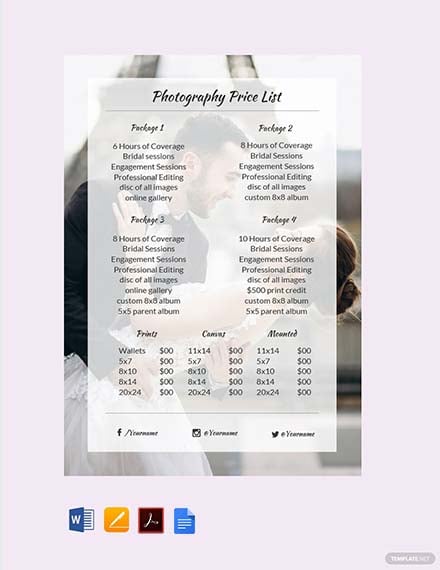 Photography Price List Template