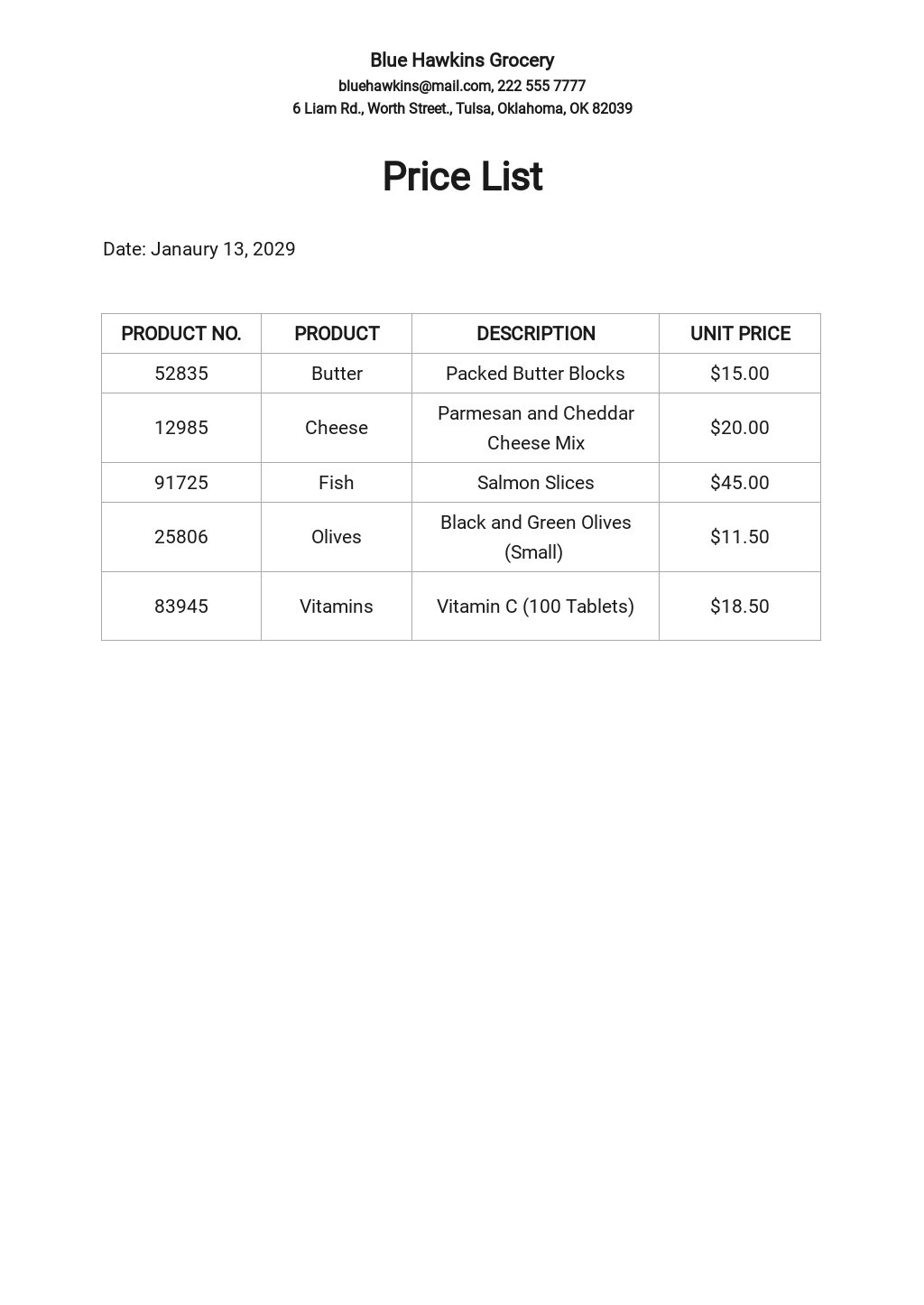 Sample Price List Format