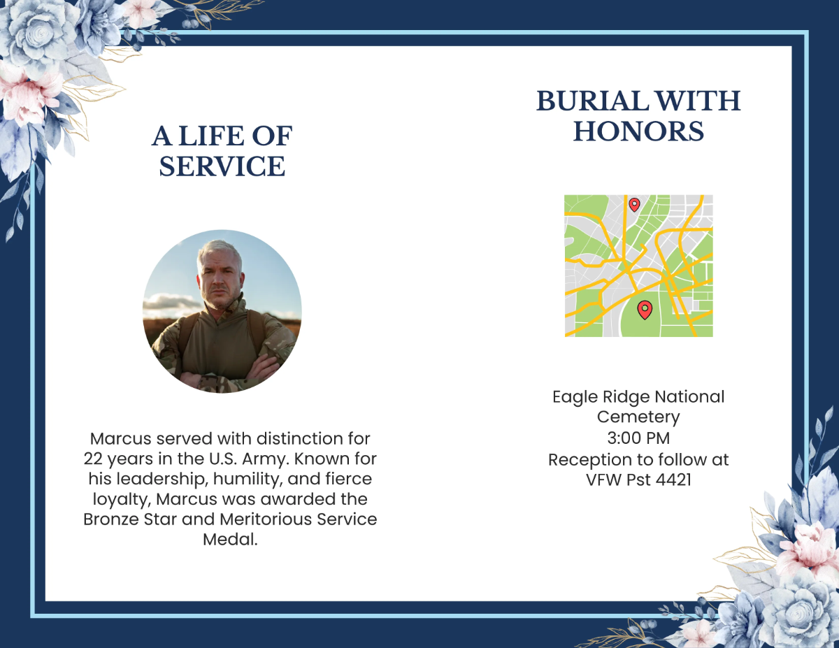 Free Military Eulogy Funeral Bifold Brochure Template to Edit Online