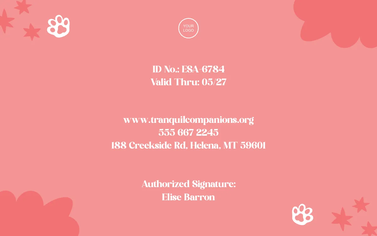 Free Simple ESA Dog ID Card Template to Edit Online