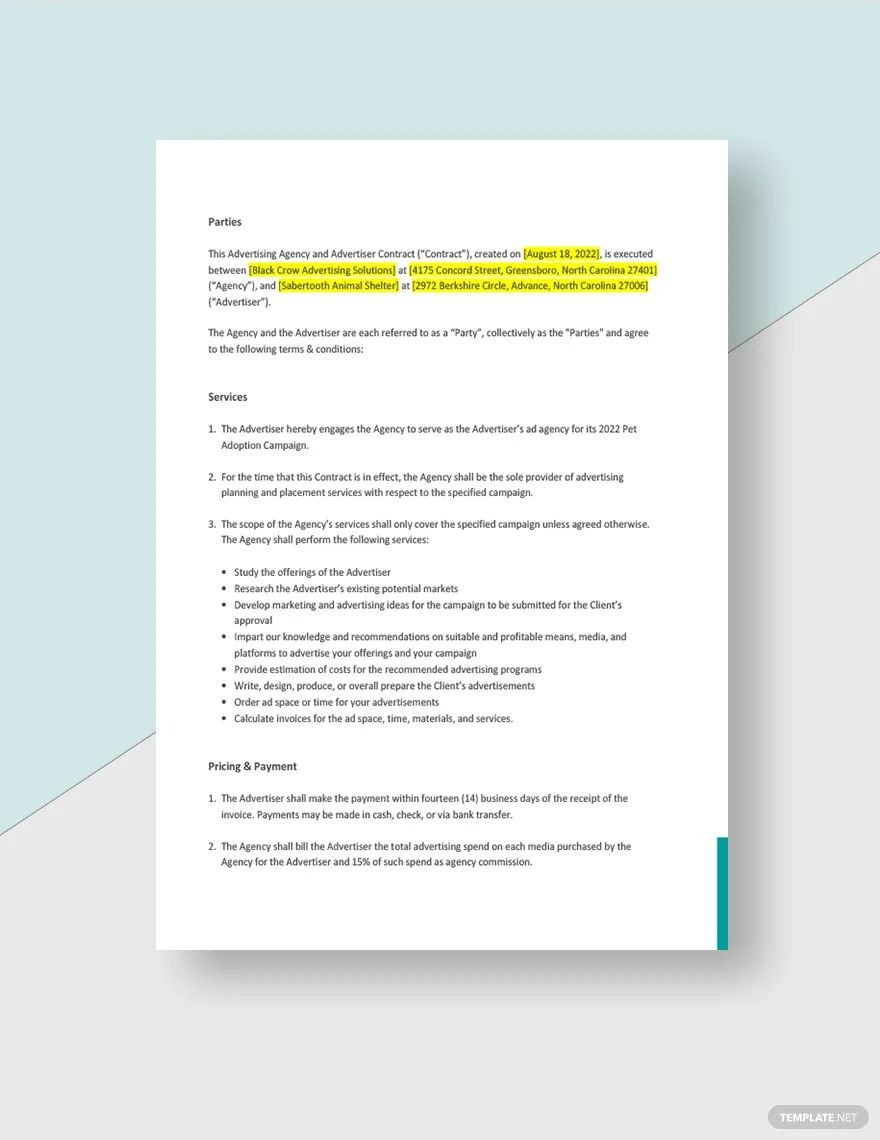Advertising Agency and Advertiser Contract Template