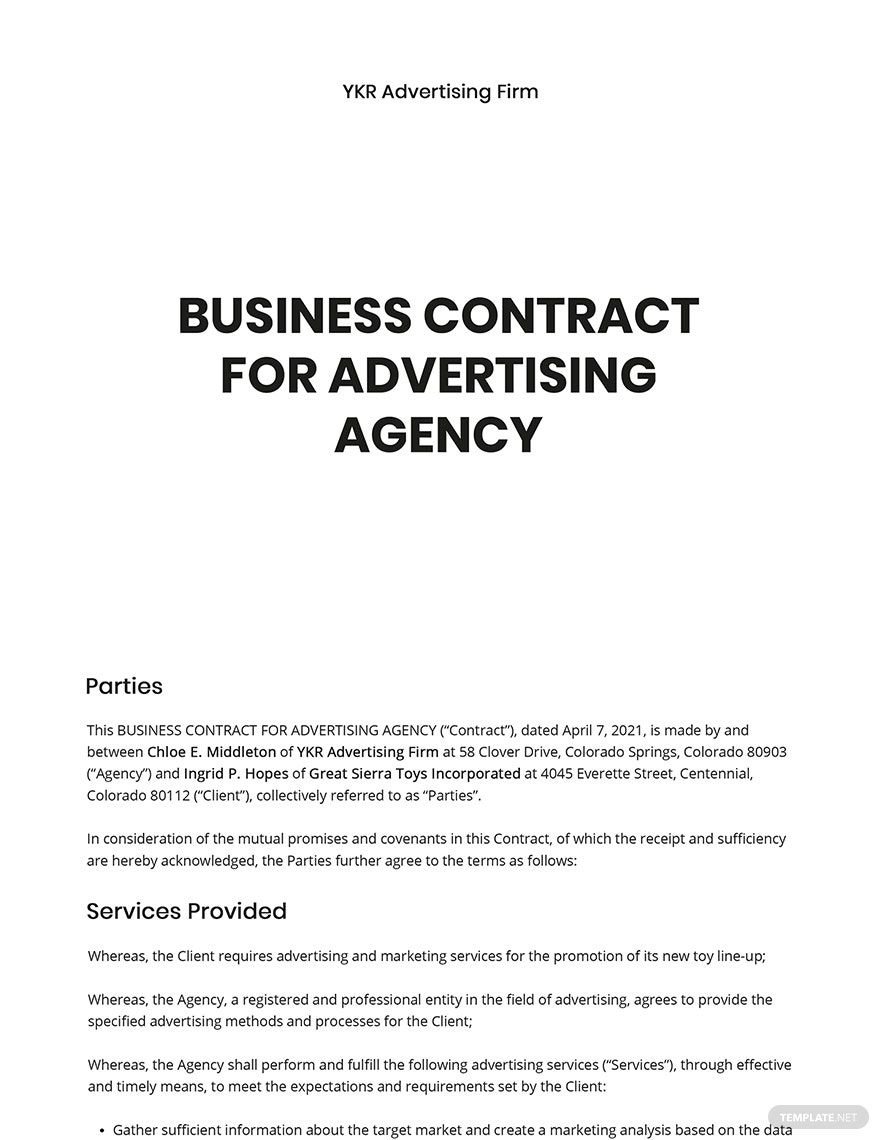 Free Business Contract for Advertising Agency Template