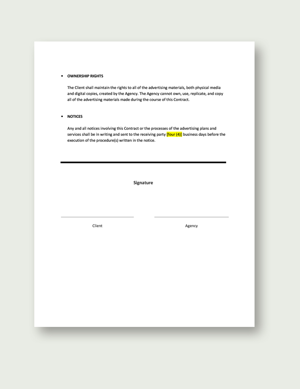 Sample Business Contract for Advertising Agency