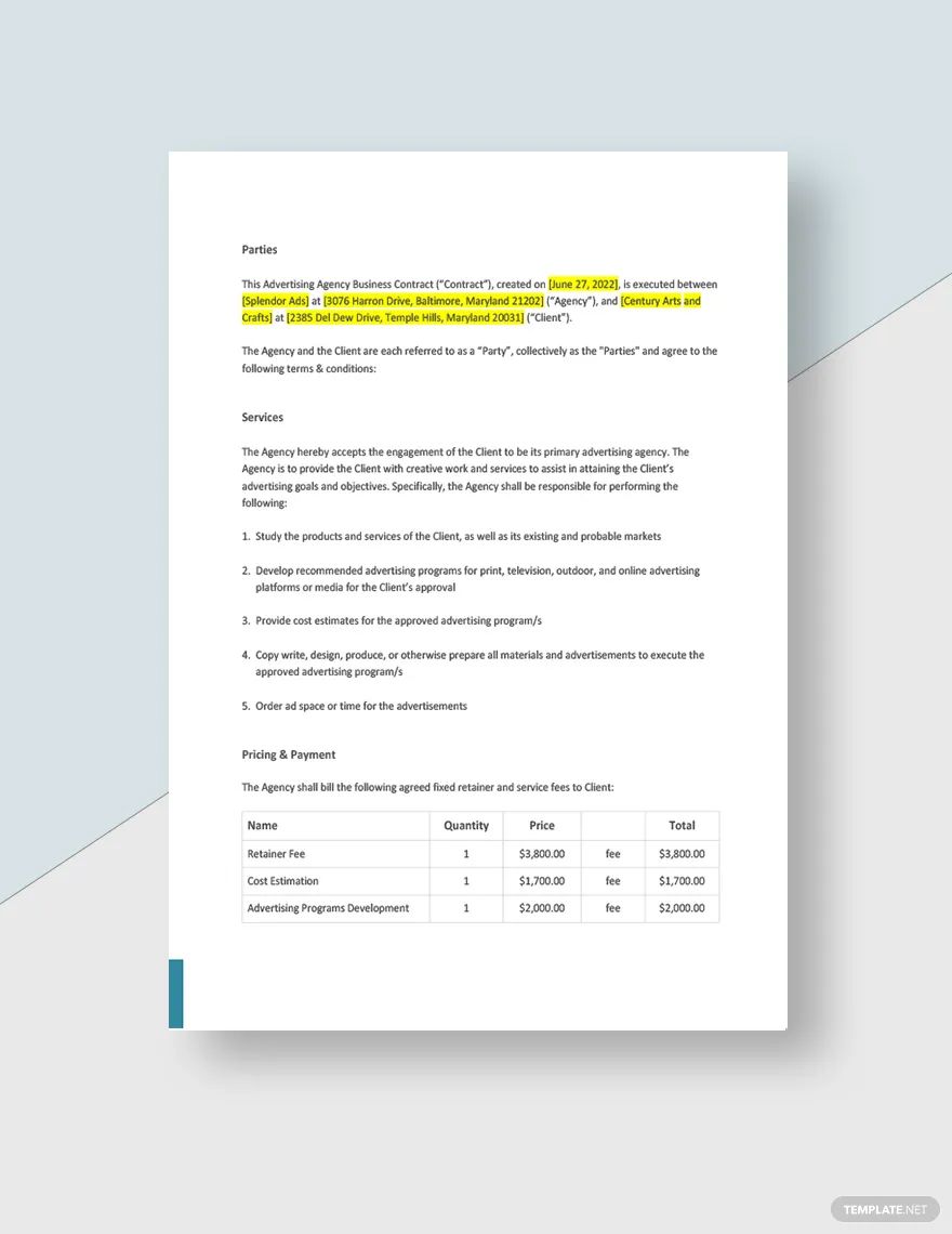 Editable Business Contract for Advertising Agency Template