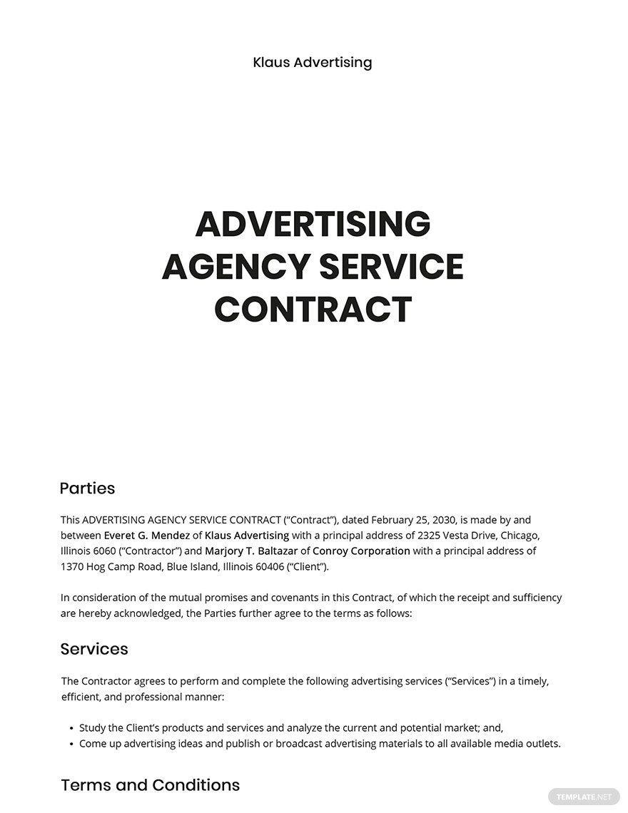 Sample Advertising Agency Contract Template