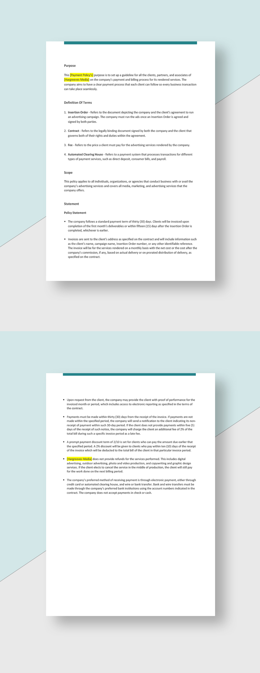 Advertising Agency Payment Policy Template