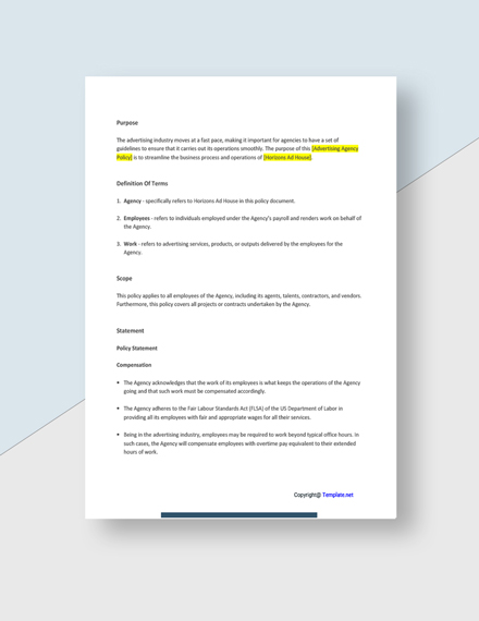 Free Sample Advertising Agency Policy Template - Google Docs, Word ...