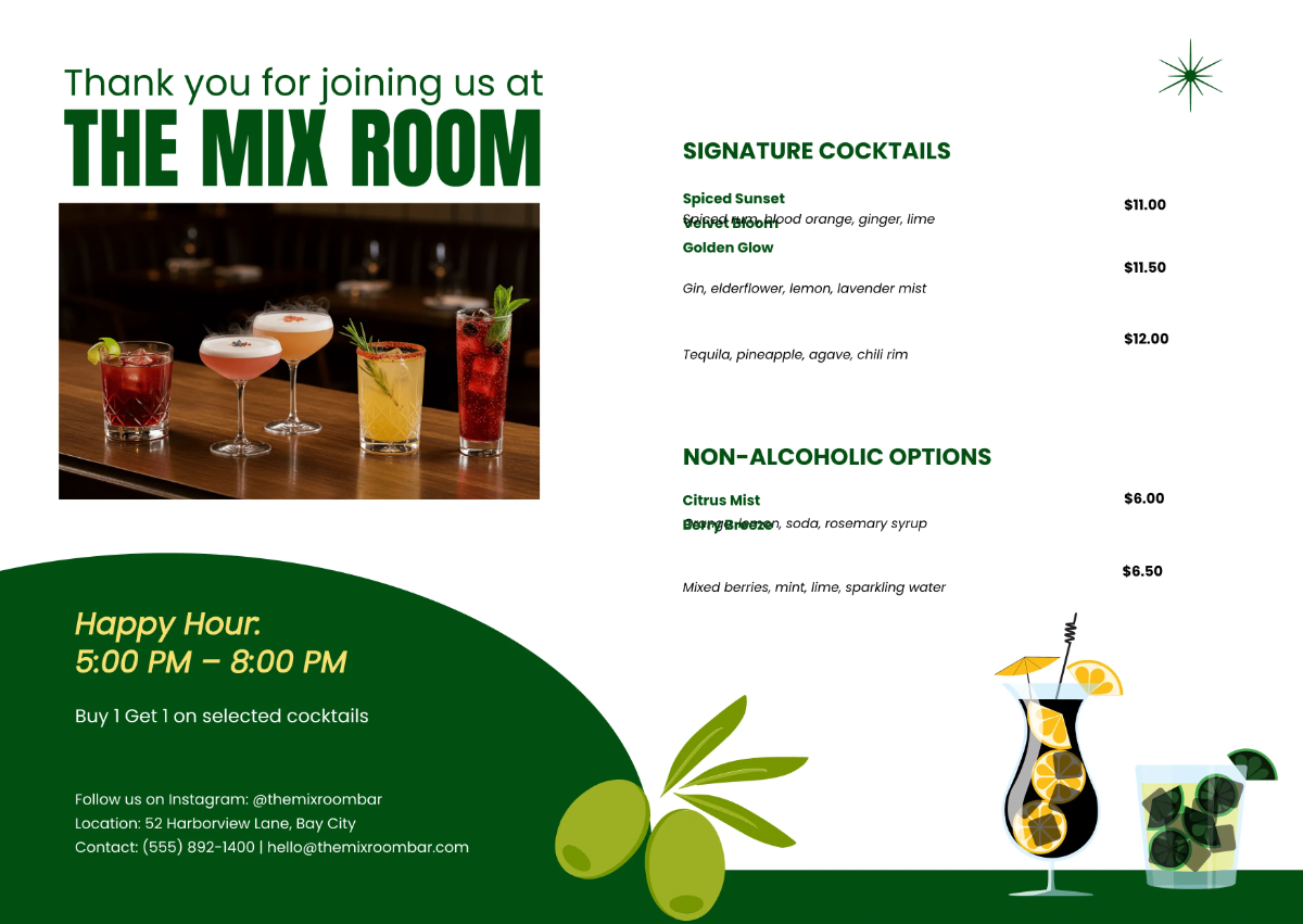Free Printable Bi Fold Cocktail Menu Template to Edit Online