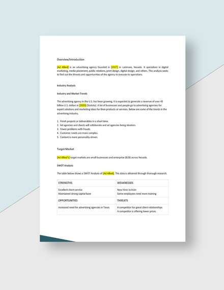 Printable Advertising Agency Analysis Template - Google Docs, Word ...