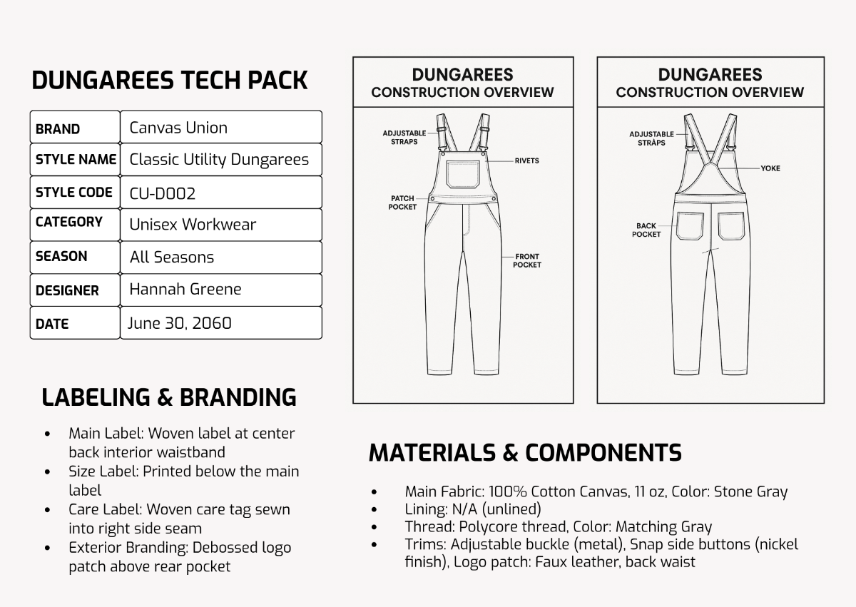 Free Dungarees Tech Pack Template