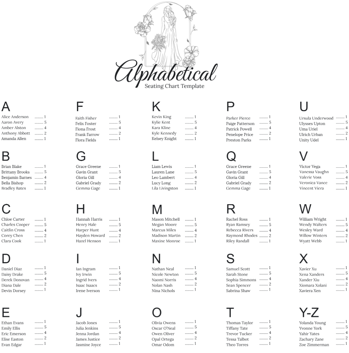 Free Alphabetical Seating Chart Template