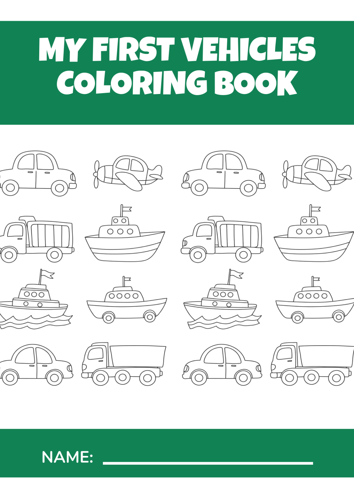 Vehicles Coloring Book Template for Toddlers to Download