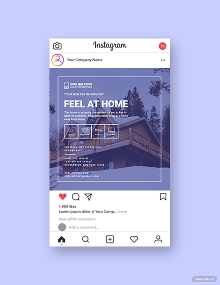 Free Vacation Rental Instagram Post Template in PSD