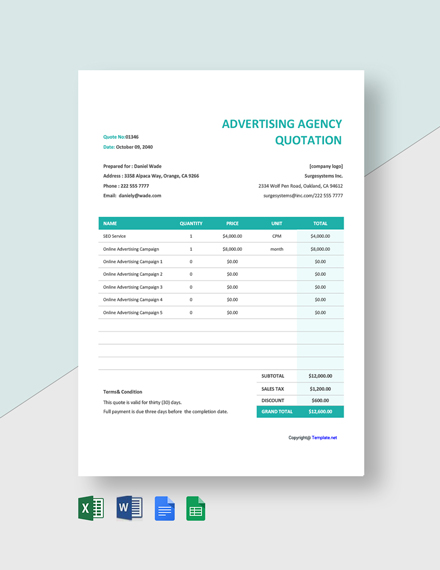 Advertising Quotation Templates in Google Sheets (SPREADSHEETS ...