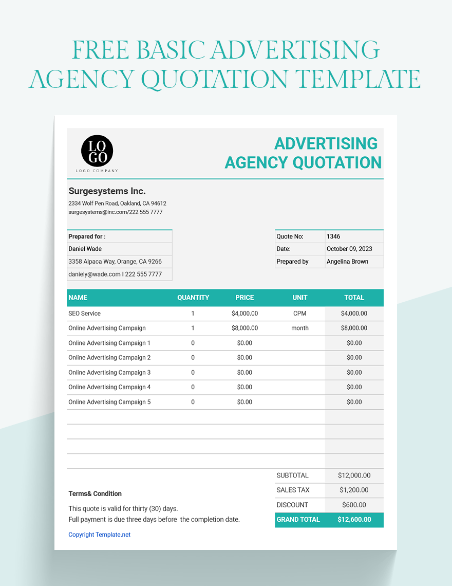 Basic Advertising Agency Quotation Template in Word, Google Docs, Excel, Google Sheets